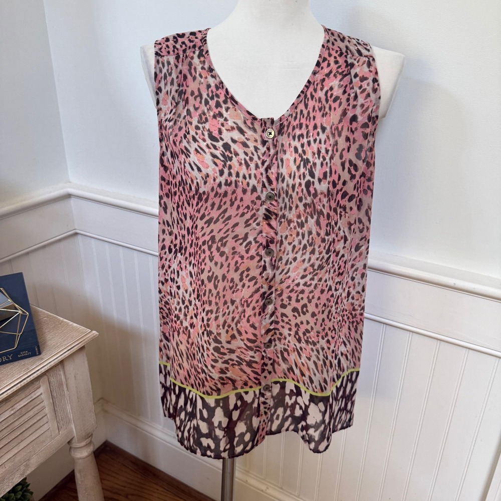 Cabi Pink Leopard Print Sleeveless Button Front Blouse Chiffon Top Small